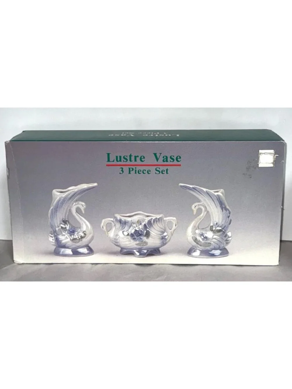 Lustre Vase 3-Piece Set Ceramic Swan Design Iridescent Finish Floral Detailing